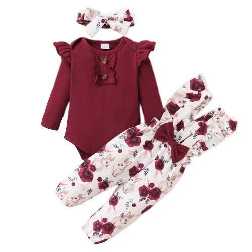 Baby Girl Plain Color Red Ribbed Bodysuit+Overall+Headwear