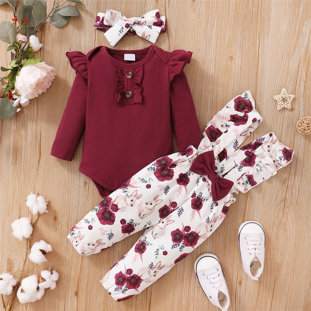 Baby Girl Plain Color Red Ribbed Bodysuit+Overall+Headwear