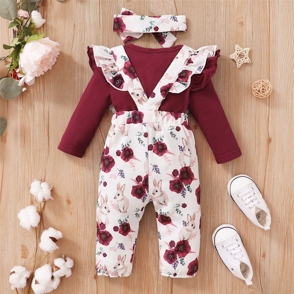 Baby Girl Plain Color Red Ribbed Bodysuit+Overall+Headwear