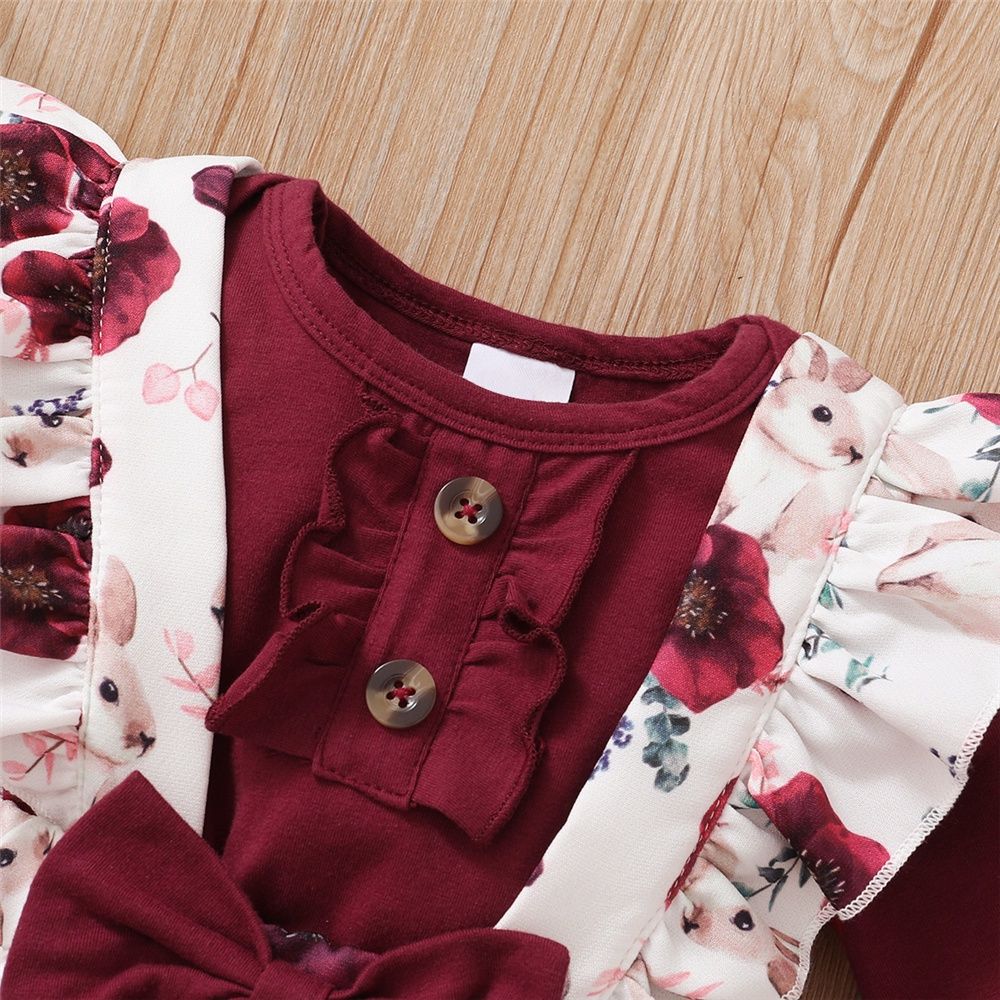 Baby Girl Plain Color Red Ribbed Bodysuit+Overall+Headwear