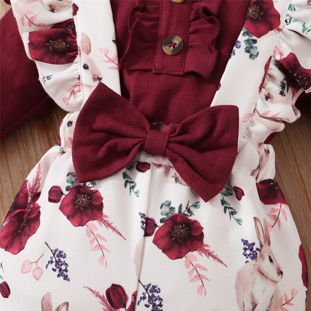 Baby Girl Plain Color Red Ribbed Bodysuit+Overall+Headwear