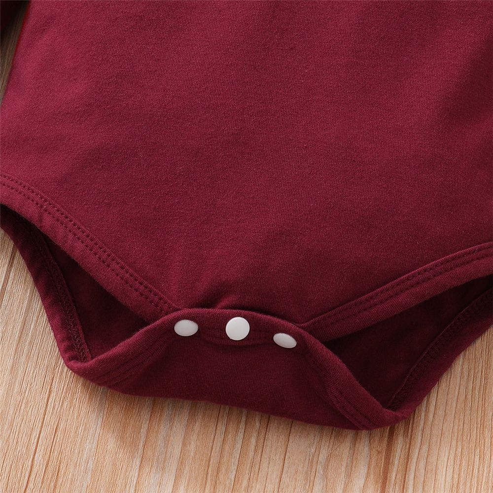 Baby Girl Plain Color Red Ribbed Bodysuit+Overall+Headwear