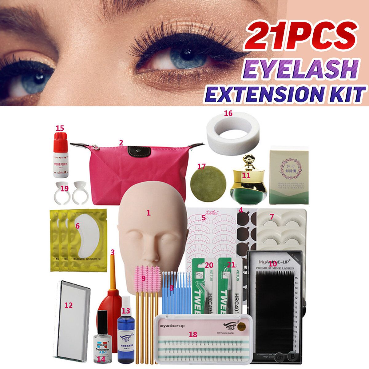 21Pcs  Eyelash Extension Set Beauty Salon Practice Set