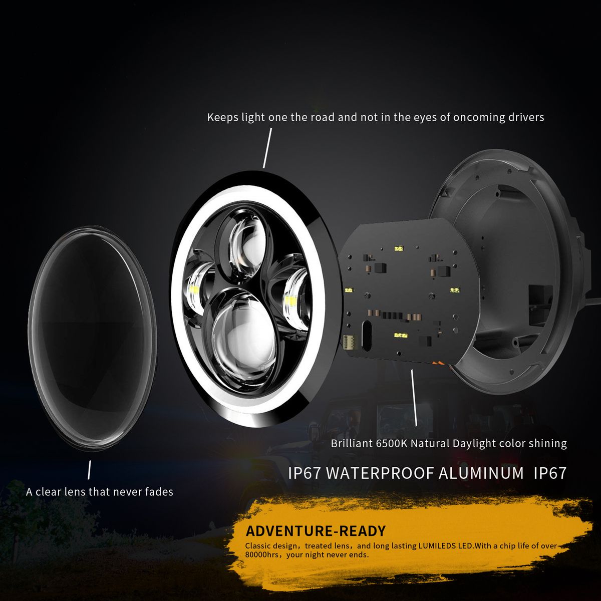 1pc 7 Inch Round Shaped LED Front Headlight Replacement For