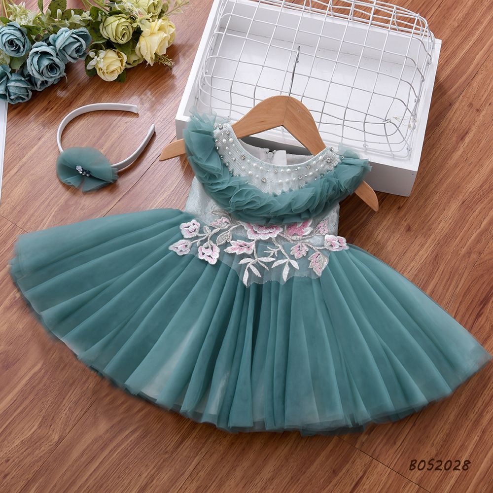 GIRL LUXURY FLORAL CHEST BIRTHDAY GOWN - GREEN - BG21