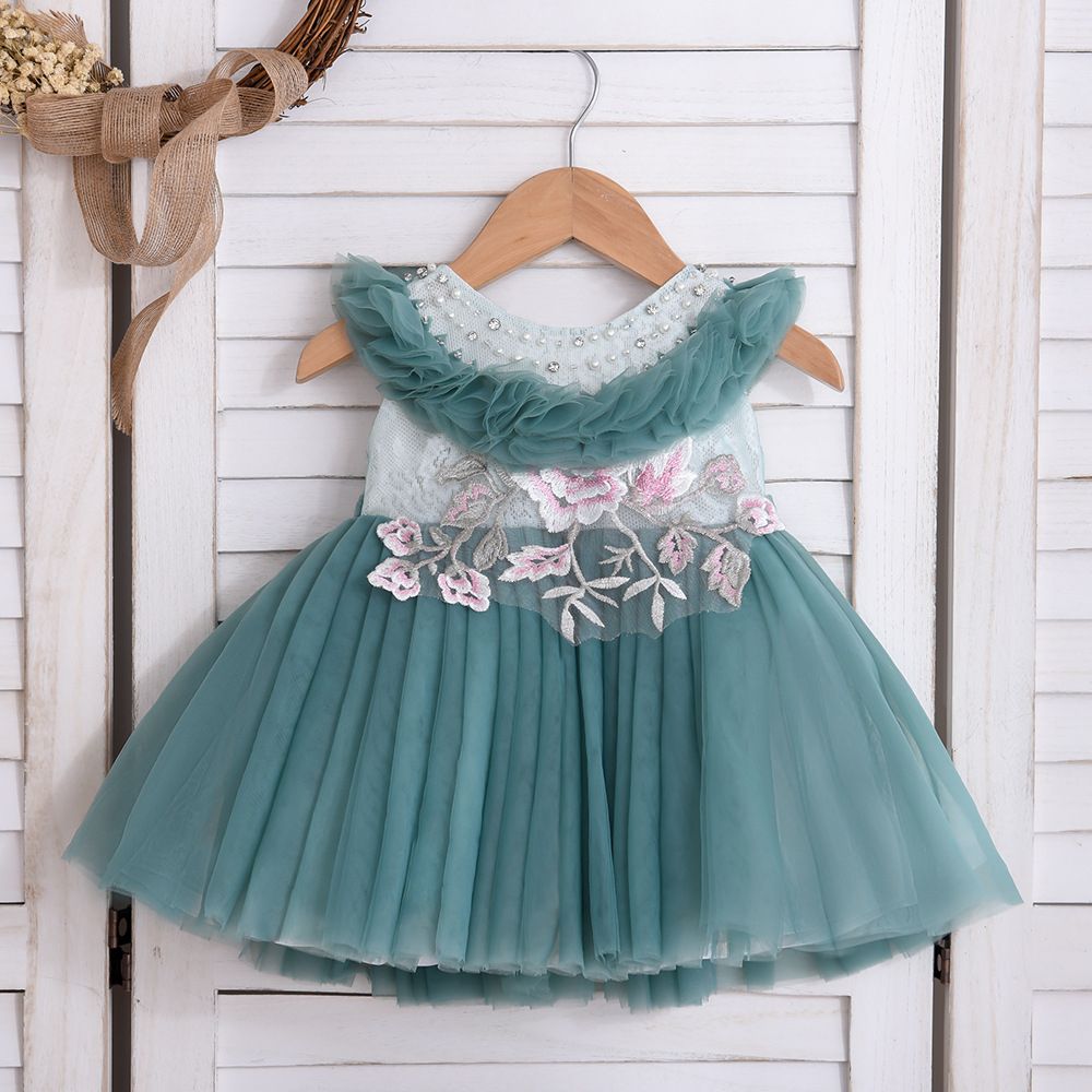 GIRL LUXURY FLORAL CHEST BIRTHDAY GOWN - GREEN - BG21