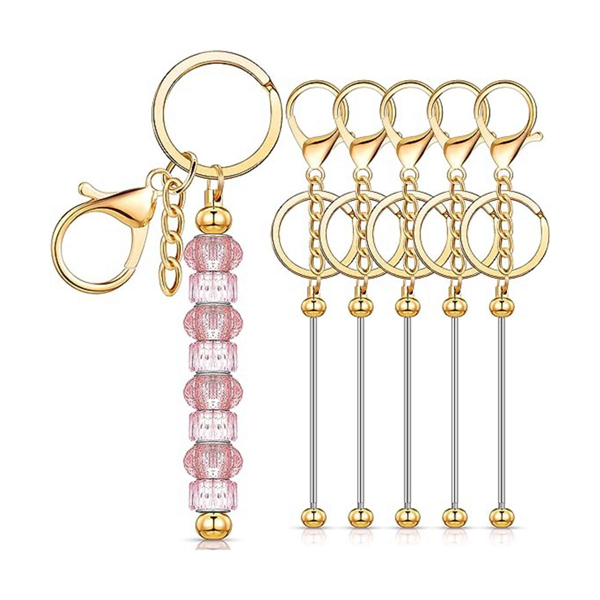 6 Pcs Beadable Keychain Bars Blanks Bead Keychain Metal Beaded Keychain for DIY Pendant Crafts Jewelry Making,Gold