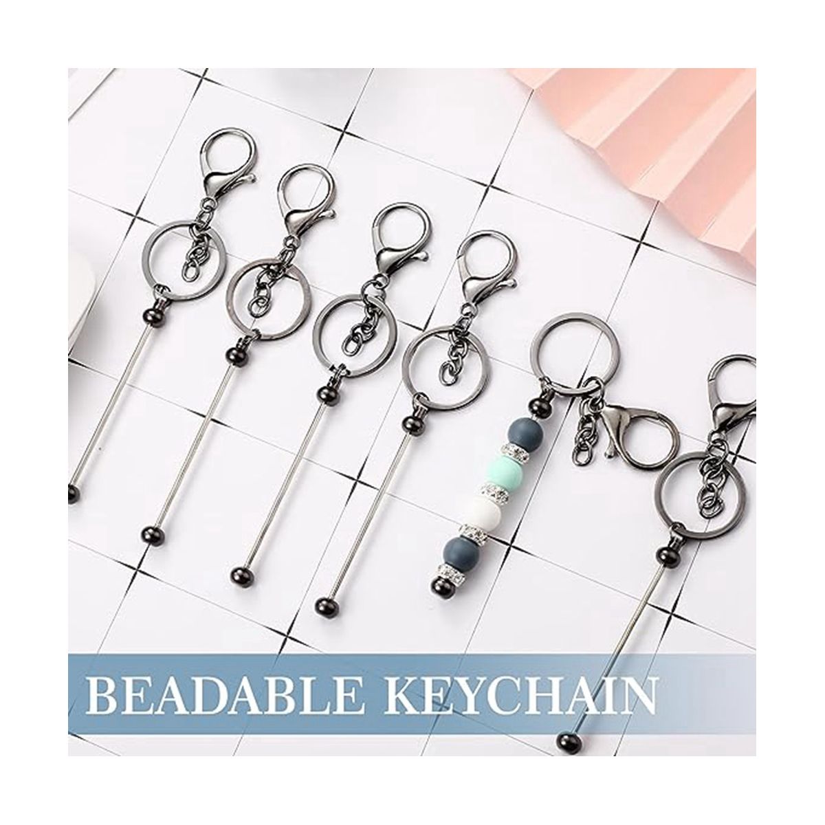6 Pcs Beadable Keychain Bars Blanks Bead Keychain Metal Beaded Keychain for DIY Pendant Crafts Jewelry Making,Gold