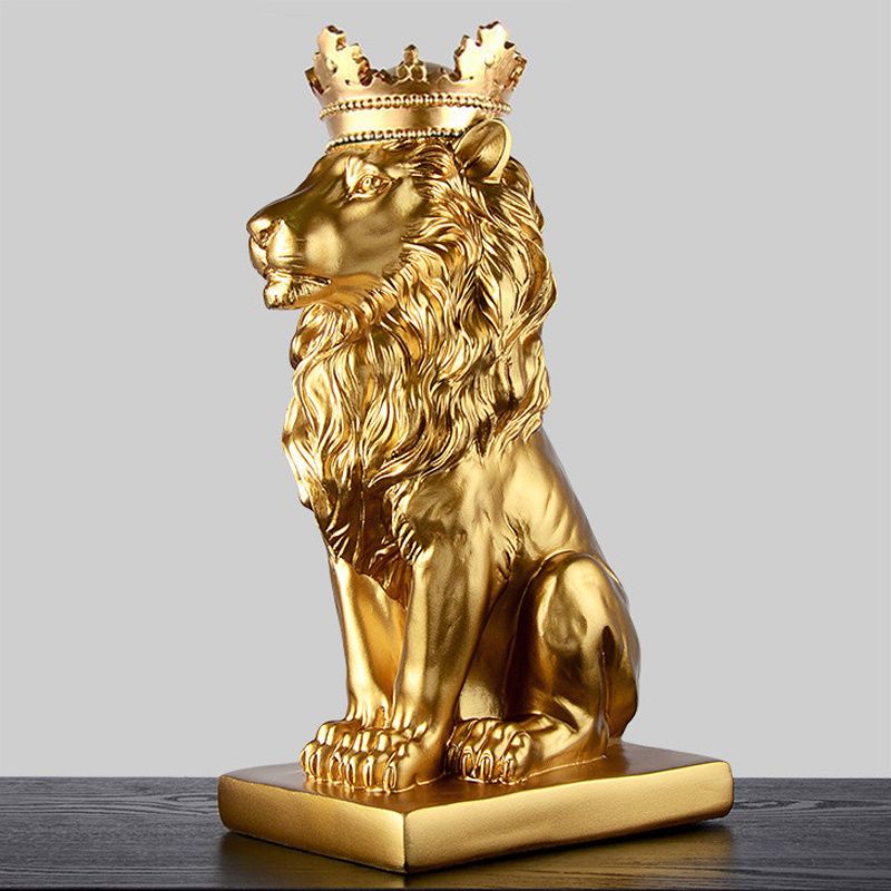 Modern Resin Animal Statue Golden Crown Black Lion Figurine