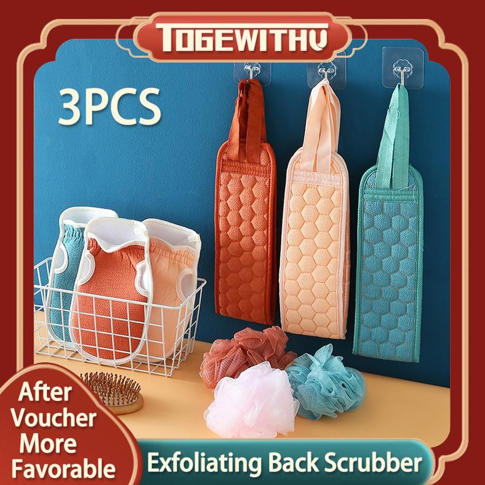 3 PCS Exfoliating Back Scrubber for Shower, Exfoliating Sponge Pad Bath Sponge Body Scrubbers Set Scrubber Strap for Shower Loofah Sponge for Men and Women