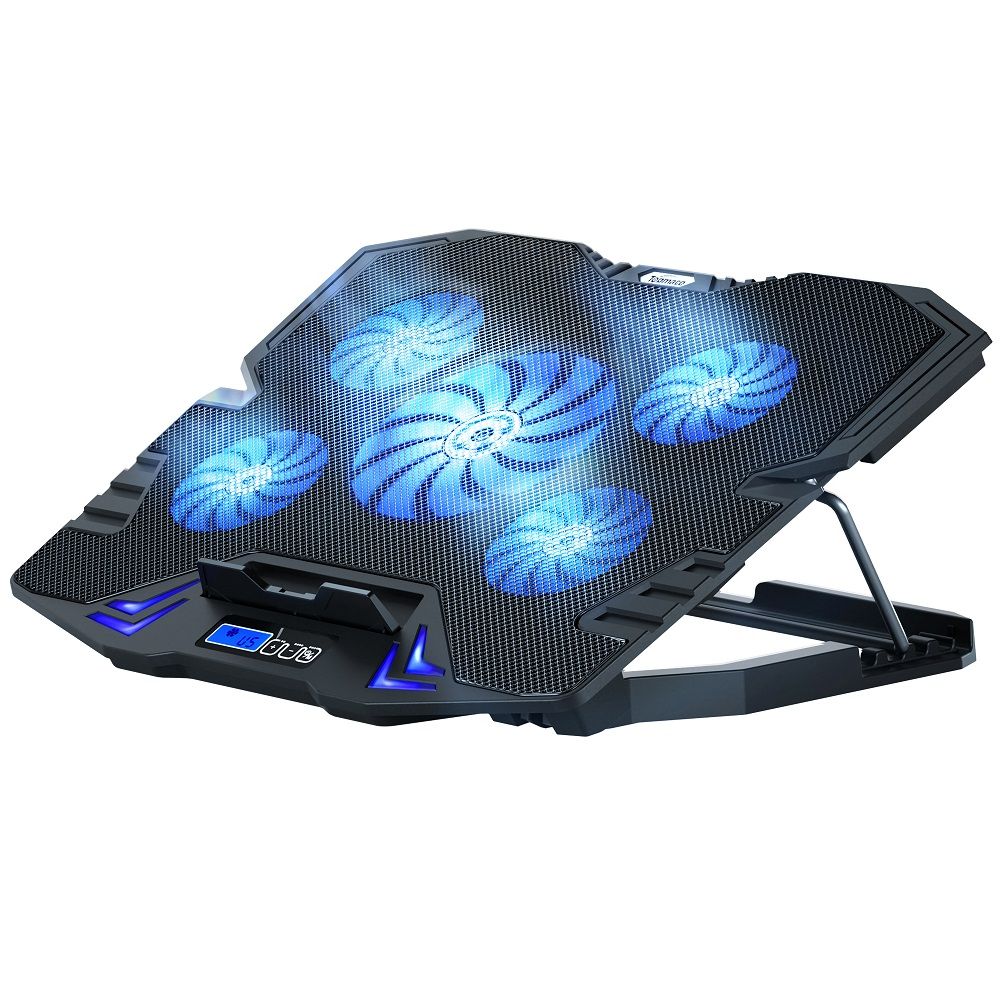 C5 Laptop Cooling Pad Gaming Notebook Cooler, Laptop Fan Cooling Stand Adjustable Height With 5 Quiet Fans Blue LED Light, Computer Chill Mat With LCD Controller, For 10-15.6 Inch Laptops