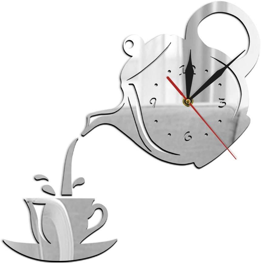 Mirror Clock 3D Wall Clock Tea Kettle Wall Decoration