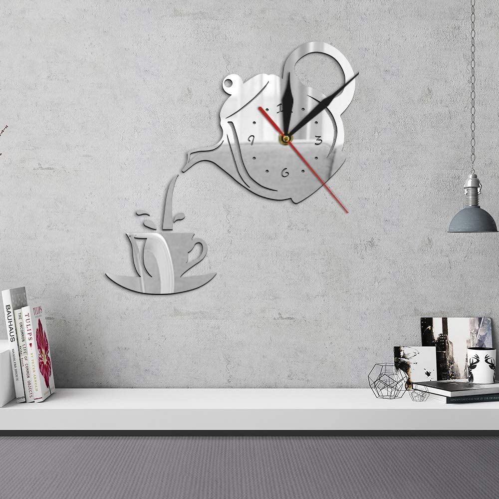 Mirror Clock 3D Wall Clock Tea Kettle Wall Decoration