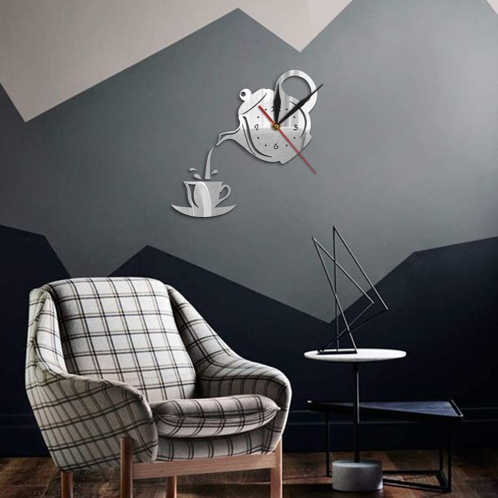 Mirror Clock 3D Wall Clock Tea Kettle Wall Decoration