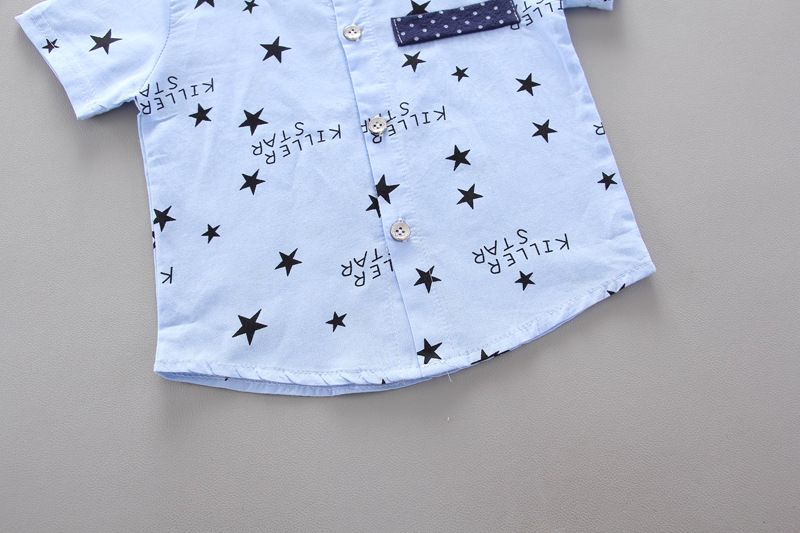Boys Star Printed Shirt + Short Pant Cotton Suit - Blue