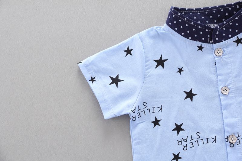 Boys Star Printed Shirt + Short Pant Cotton Suit - Blue