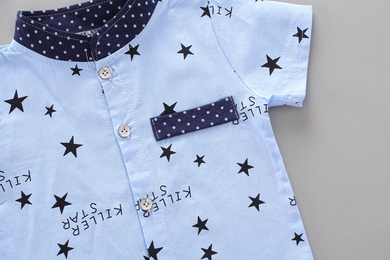 Boys Star Printed Shirt + Short Pant Cotton Suit - Blue