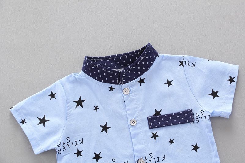 Boys Star Printed Shirt + Short Pant Cotton Suit - Blue