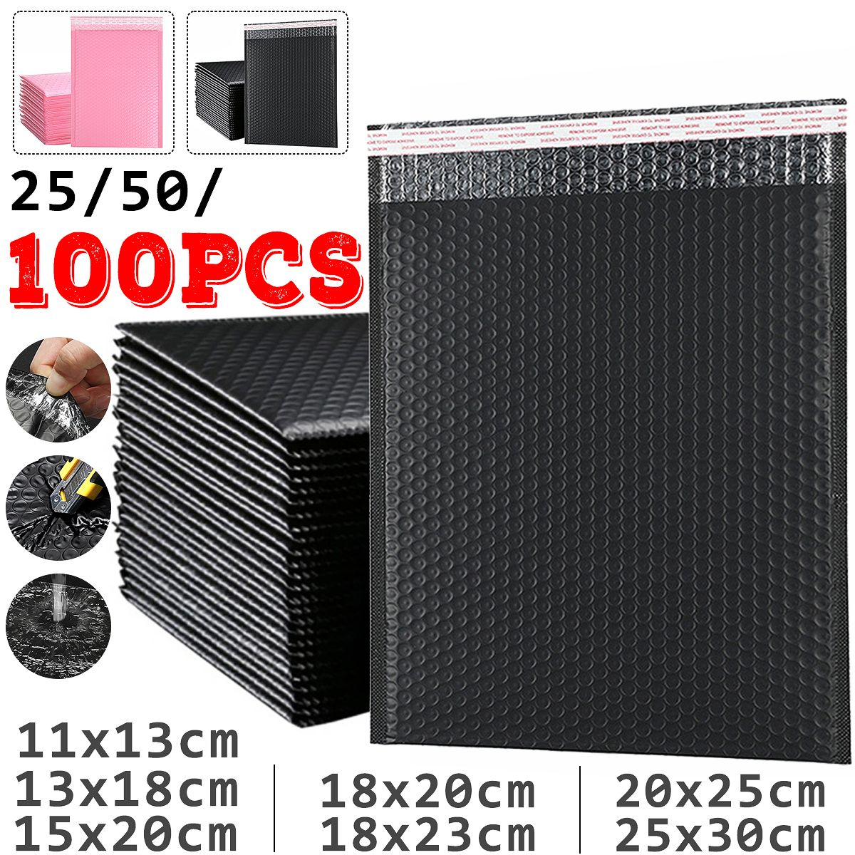 20Pcs/set Black Padded Bubble Envelopes Bag Lined Poly Mailer Seal Bags 7Sizes