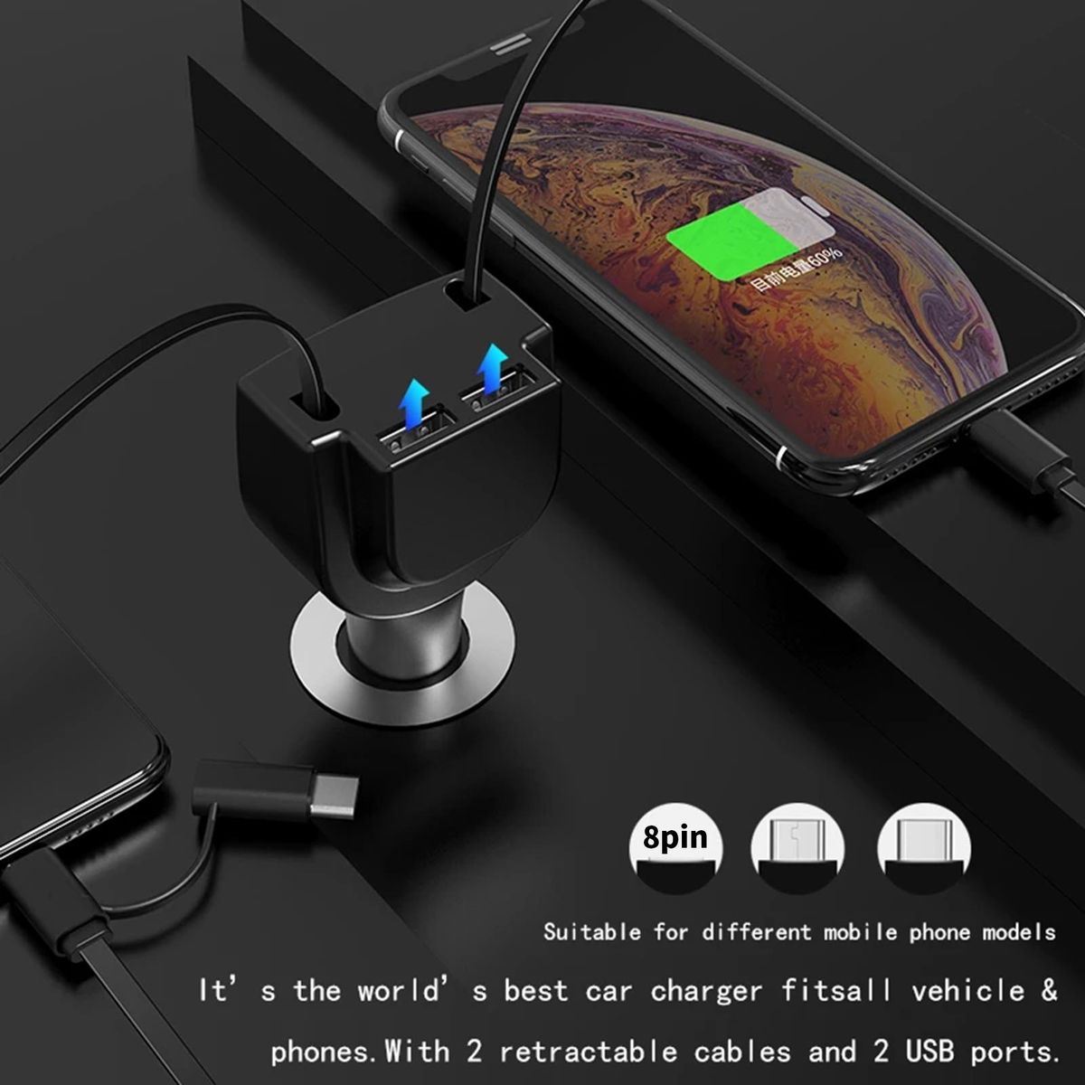 Car Phone Charger Center Console Type-C Car Charger Black