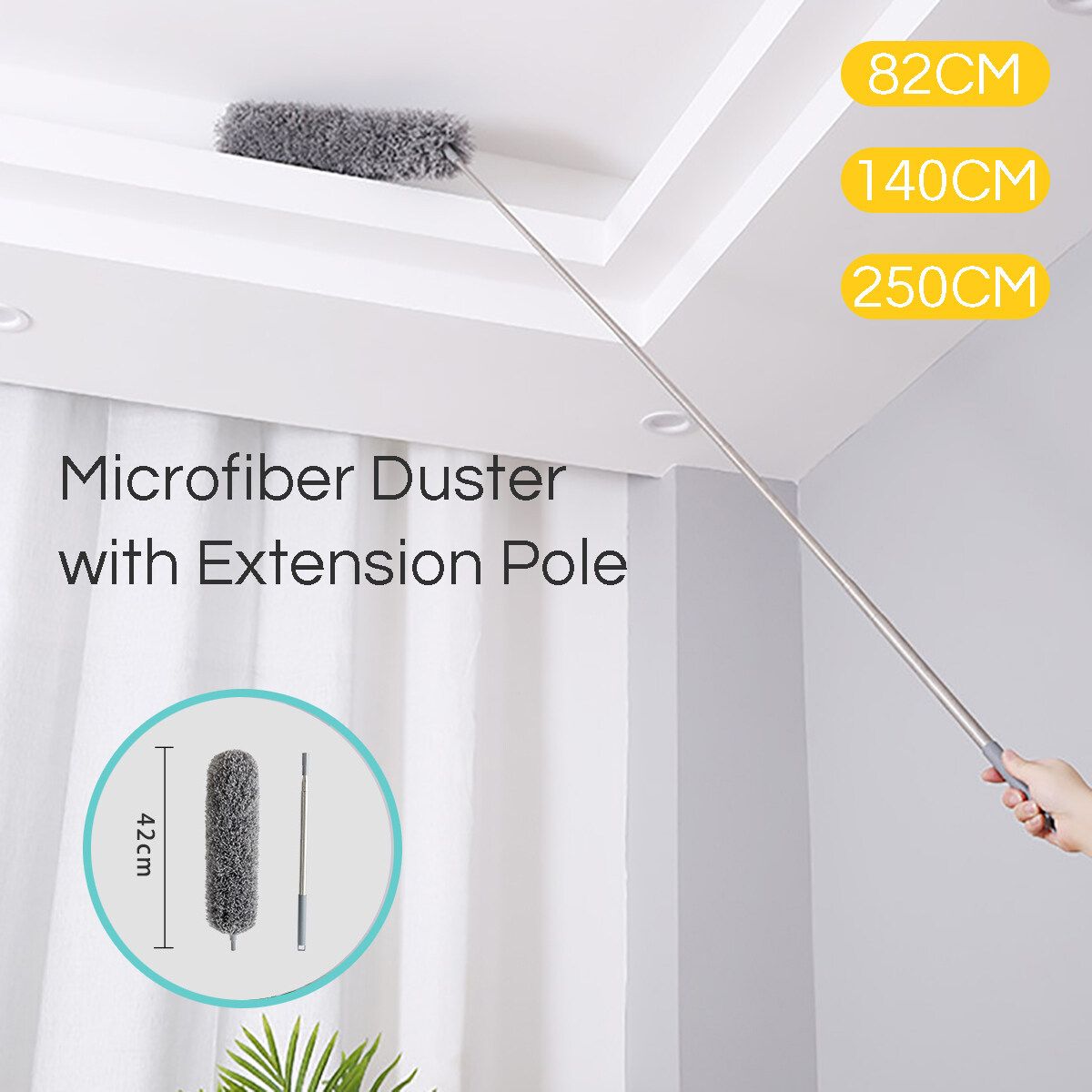 Microfiber Duster Telescopic Pole Washable Roof Cleaning Long Handle For Cleaning Roof, Blinds, Cobwebs,Ceiling Fan, Furniture 2.5m Replacement Head Set