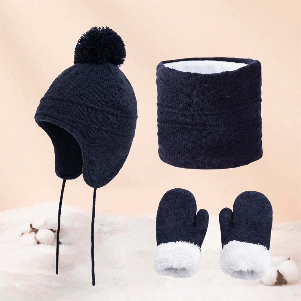 LAOdou 1 Set Hat Circle Scarf Gloves Fashion Pattern-Navy Blue