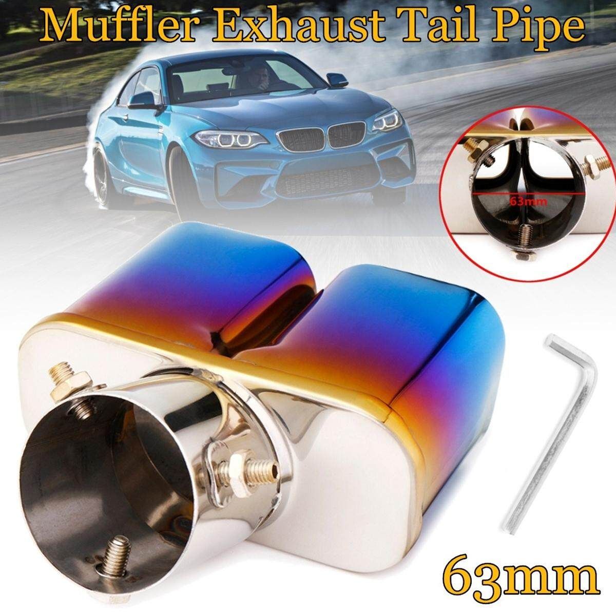 Universal Half-Grilled Blue Double Outlet Muffler Exhaust Tip End Tail Pipe