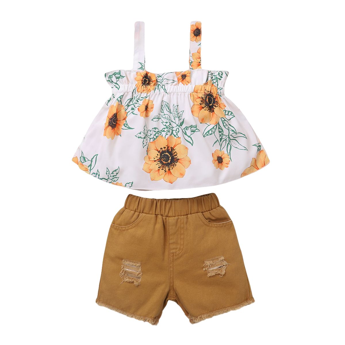 1-5 Years Kid Girl 2PCS Clothes Set Flower Printing Sleeveless Shirt+Shorts