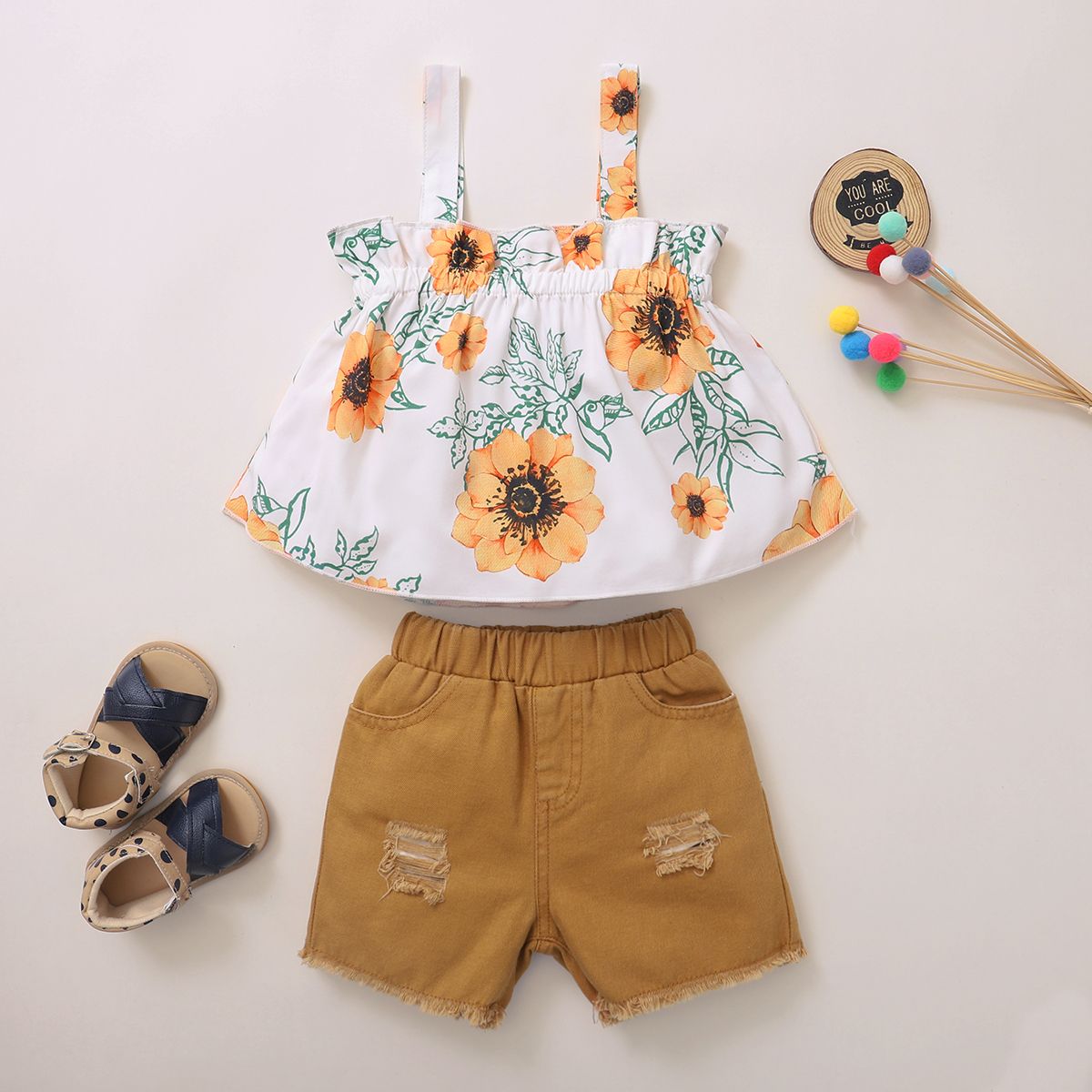 1-5 Years Kid Girl 2PCS Clothes Set Flower Printing Sleeveless Shirt+Shorts