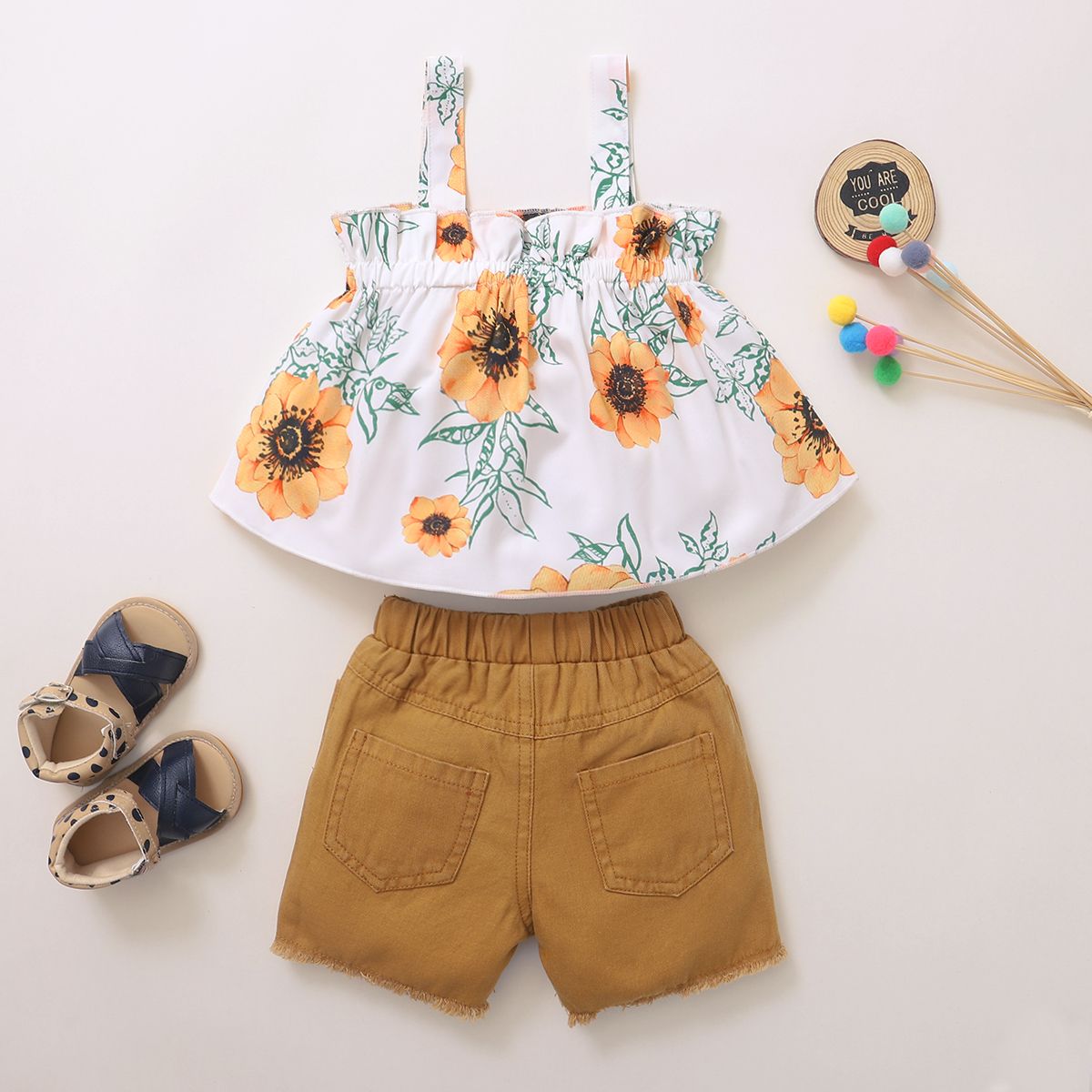 1-5 Years Kid Girl 2PCS Clothes Set Flower Printing Sleeveless Shirt+Shorts