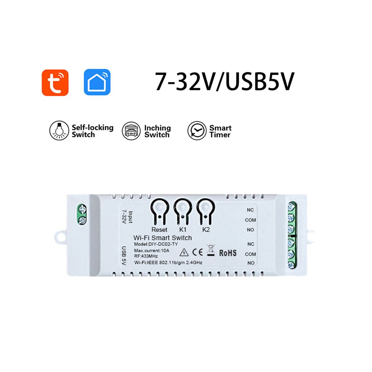 2CH Tuya WiFi Smart Switch DIY Timer 7-32V USB 5V 2.4G