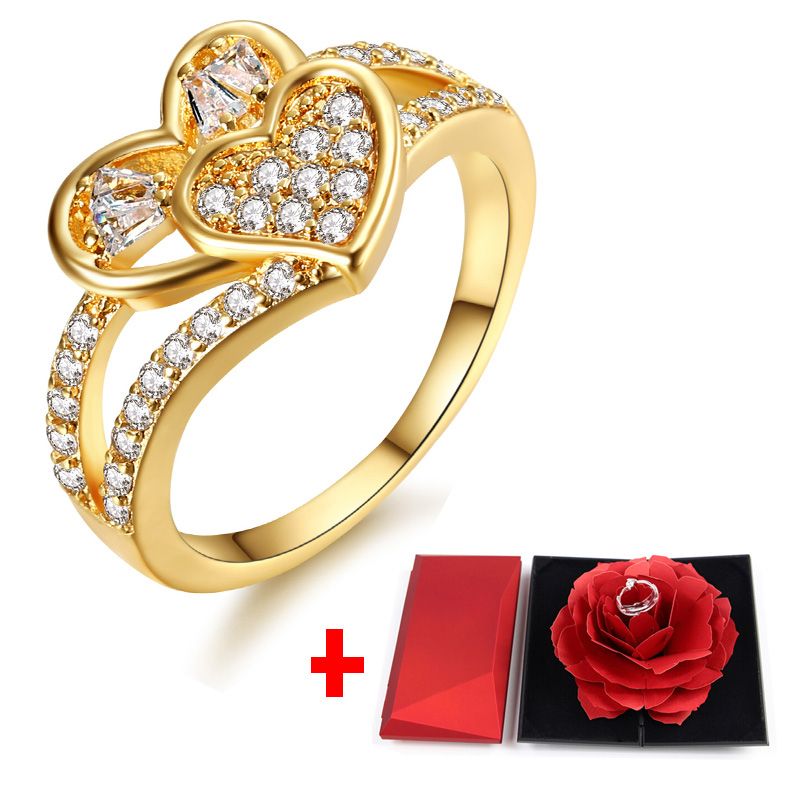 Heart Gold Diamond Wedding Ring For Women +ring Box