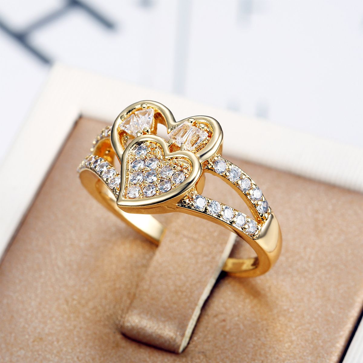 Heart Gold Diamond Wedding Ring For Women +ring Box