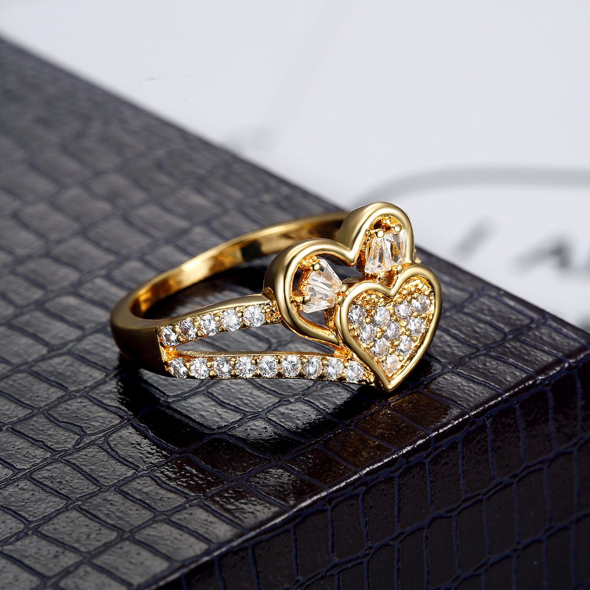 Heart Gold Diamond Wedding Ring For Women +ring Box