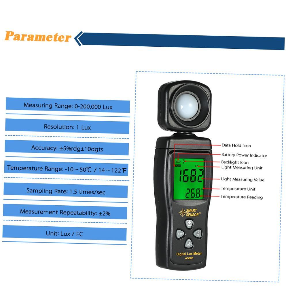 SMART SENSOR Mini Digital Lux Meter LCD Display Handheld Illuminometer Luminometer Photometer Luxmeter Light Meter 0-200000 Lux