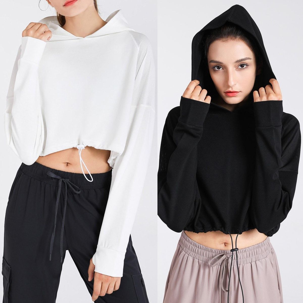 Women's Hoodie Crop Tops with Thumb Holes Drawstring Long Sleeve Sweatshirt Pullover for Sports Casual Tops Autumn