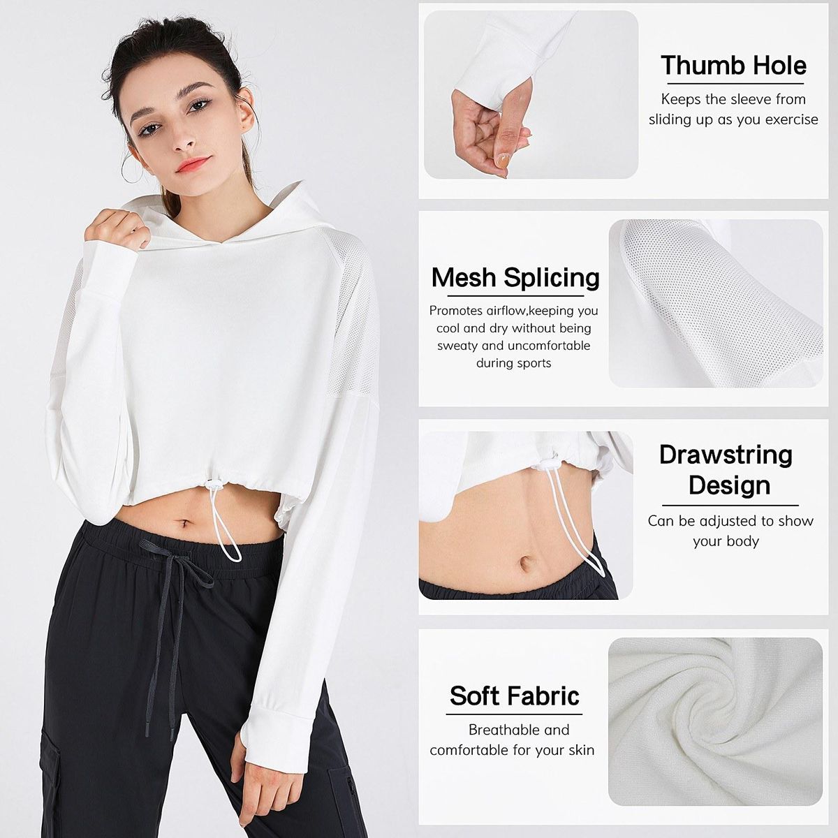 Women's Hoodie Crop Tops with Thumb Holes Drawstring Long Sleeve Sweatshirt Pullover for Sports Casual Tops Autumn