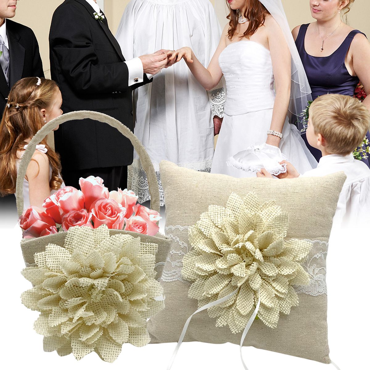 Flower Basket+Wedding Ring Bearer Pillow Big Flower Lace