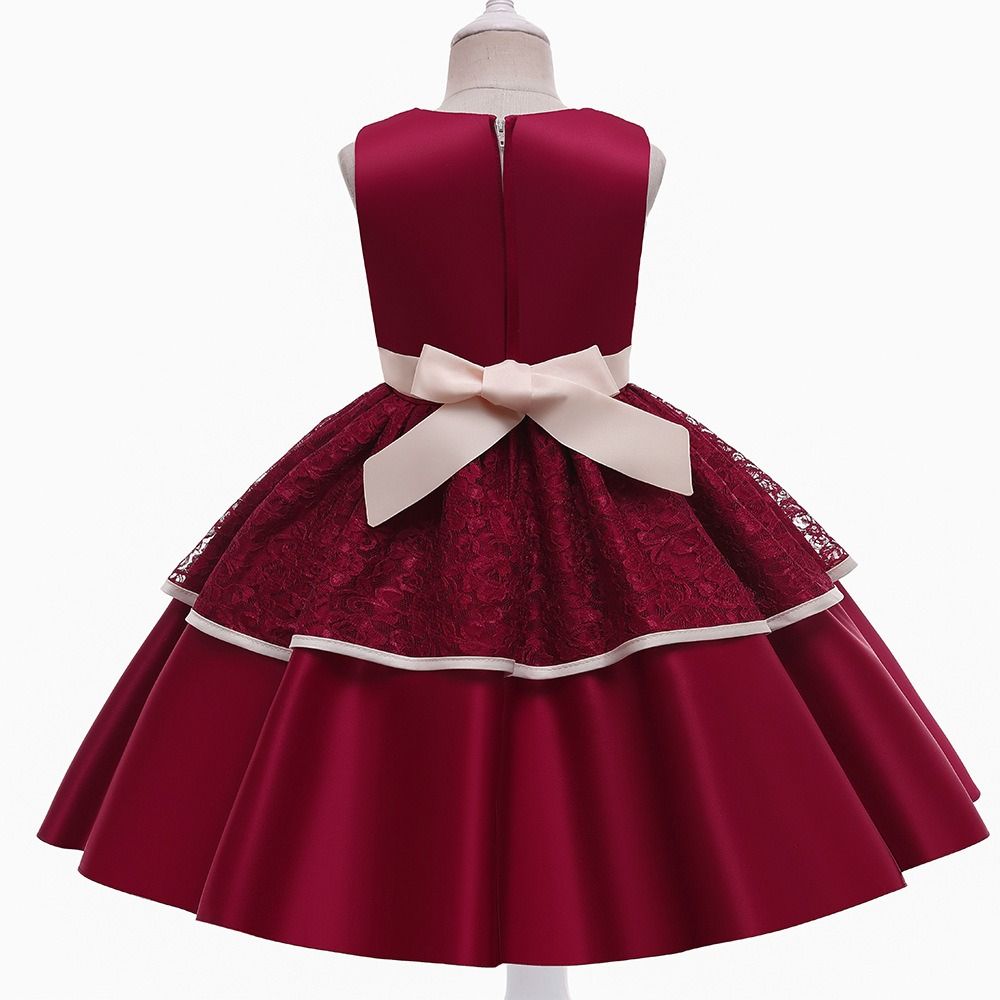 GIRL SEQUIN LEAF BALL GOWN - WINE RED - G82