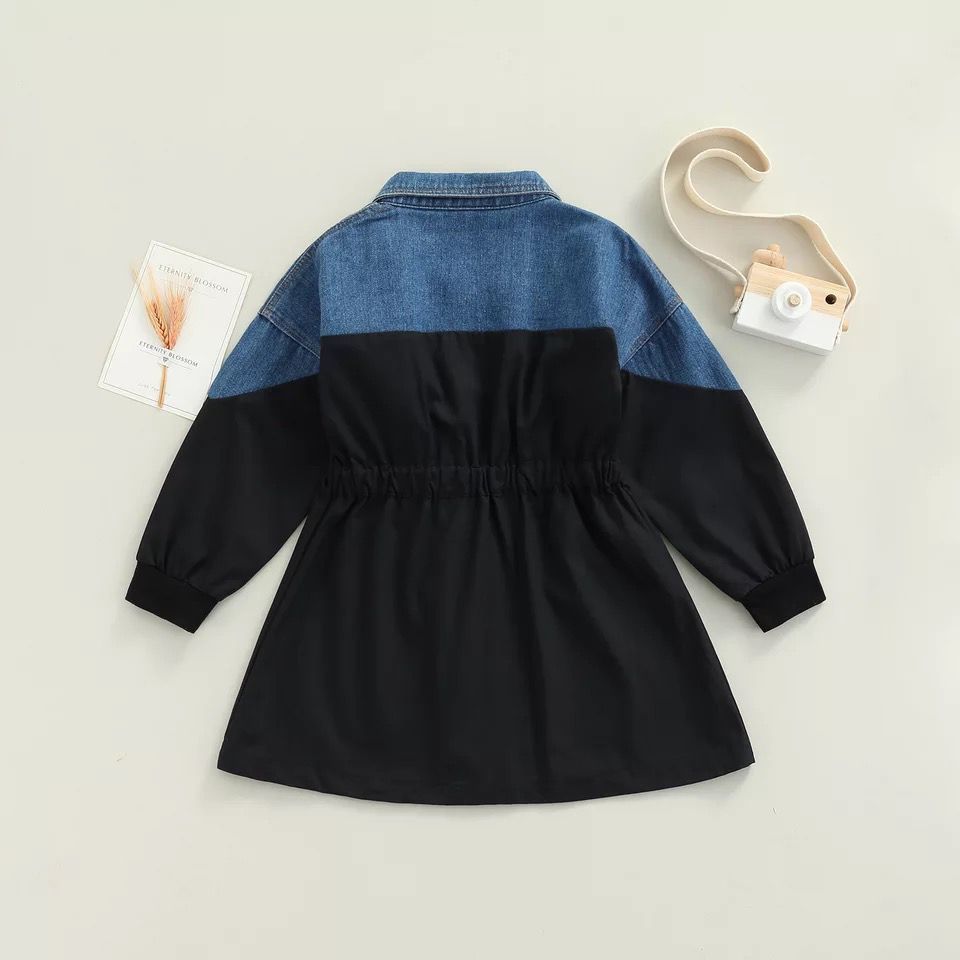 Denim & Black Patchwork Shirt Dress For Girls (Age 6years)