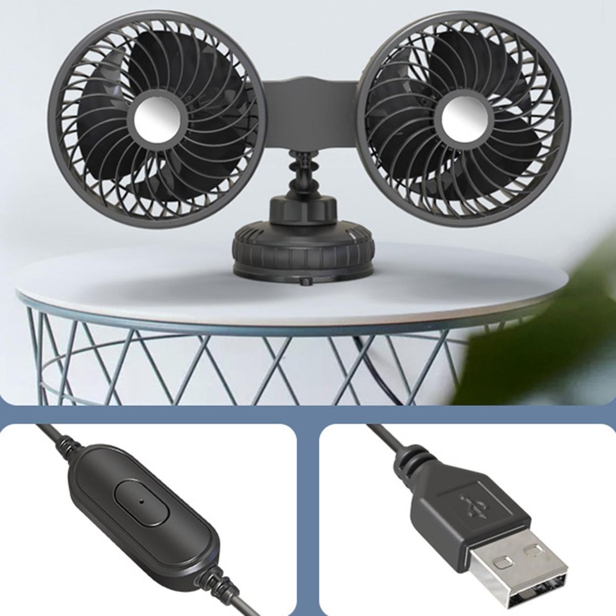 Electric Car Fan Dual Head USB Car Fan