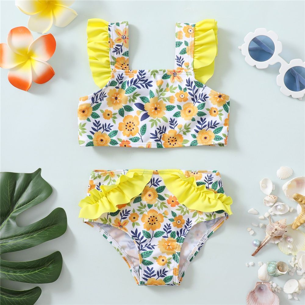 1-5Years Kid Girl Floral Ruffle Top Shorts Swimwear Set