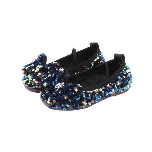 Girls' Single Leather Flat Children's Bow Sequin Soft Sole Princess Shoes Black