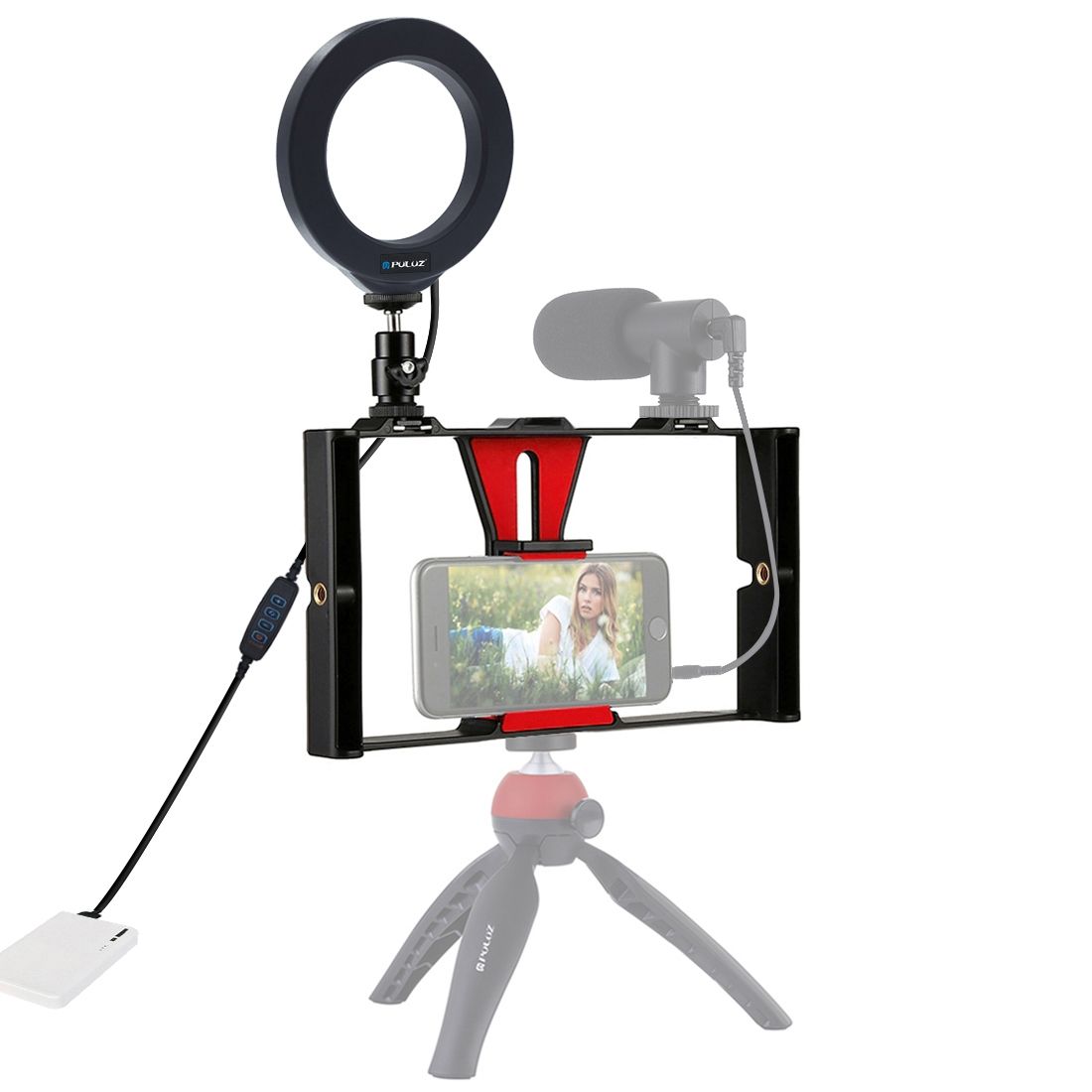 PULUZ 2 In 1 Vlogging Live Broadcast Smartphone Video Rig + 4.7 Inch 12cm Ring LED Selfie Light Kits With Cold Shoe Tripod Head For IPhone, Galaxy, Huawei, Xiaomi, HTC, LG, Google, And Other Smartphones(Red)