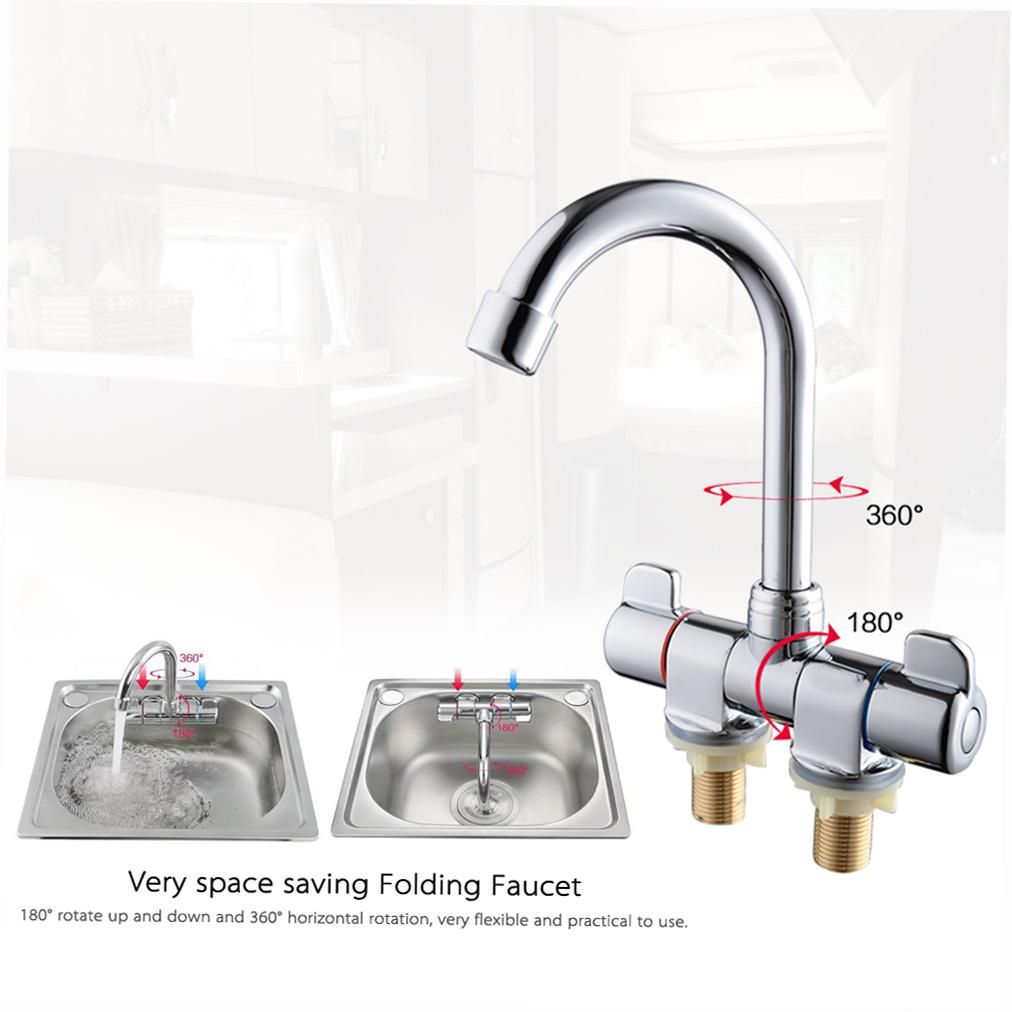 Foldable RV Faucet Rotating Two Handle Deck/Wall Mounted RV Kitchen Faucet Hot and Cold Water Mixer Tap for Motorhome Travel Trailer