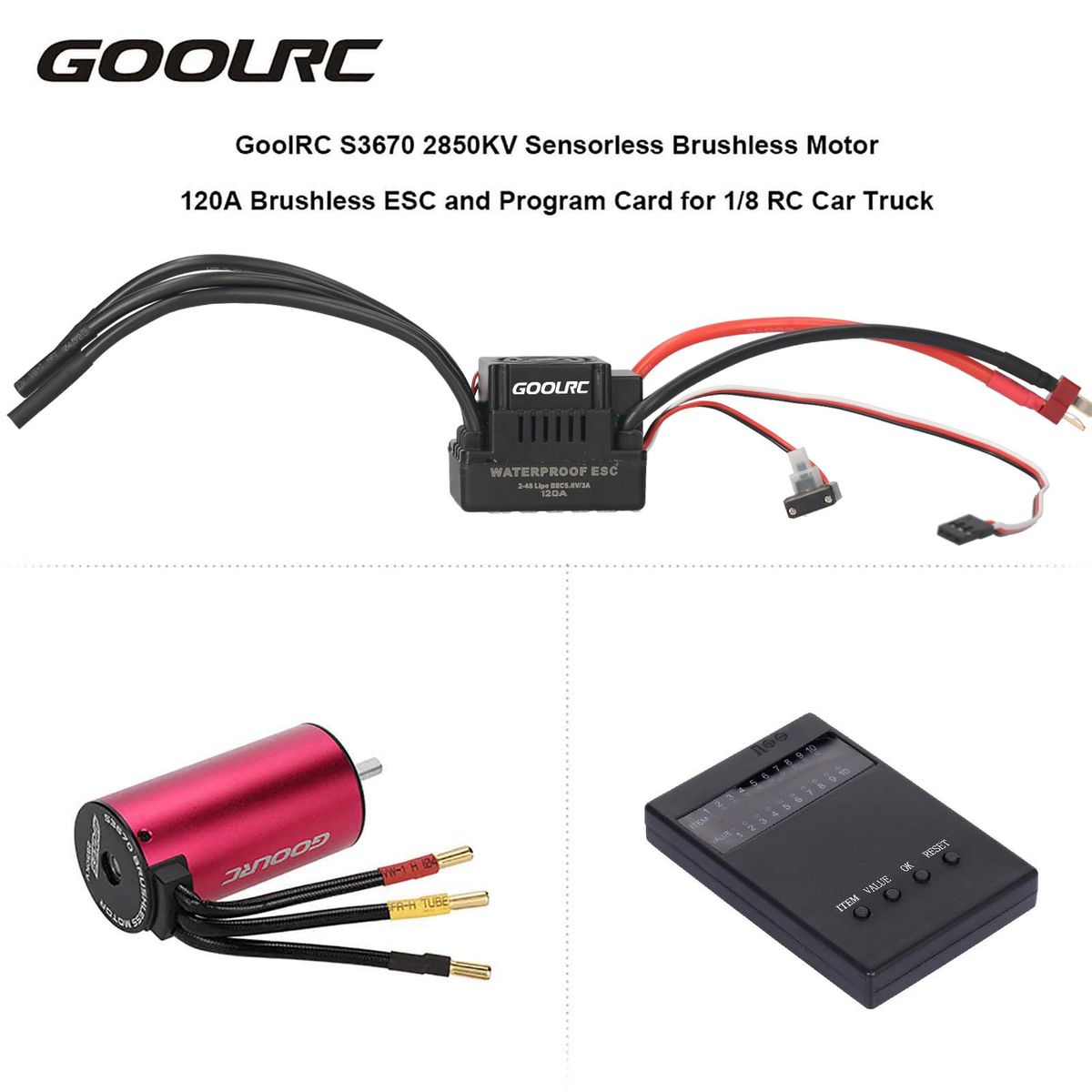 GoolRC S3670 2850KV Sensorless Brushless Motor 120A Brushless ESC and Program Card Combo Set for 1/8 RC Car Truck