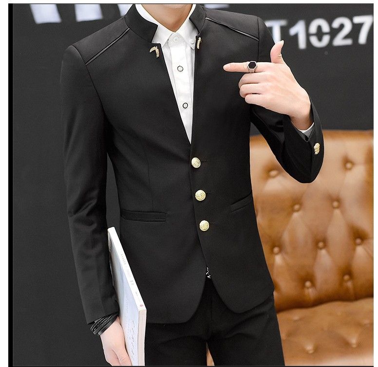 Stand Collar Slim Suit Men's Wedding Dress - Black