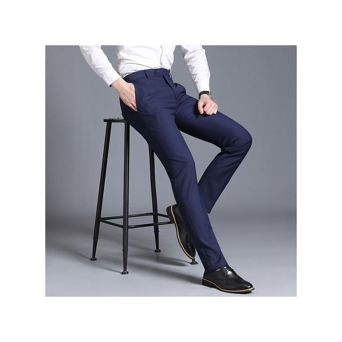 Men Suit Business Formal Straight Trousers Navy Blue