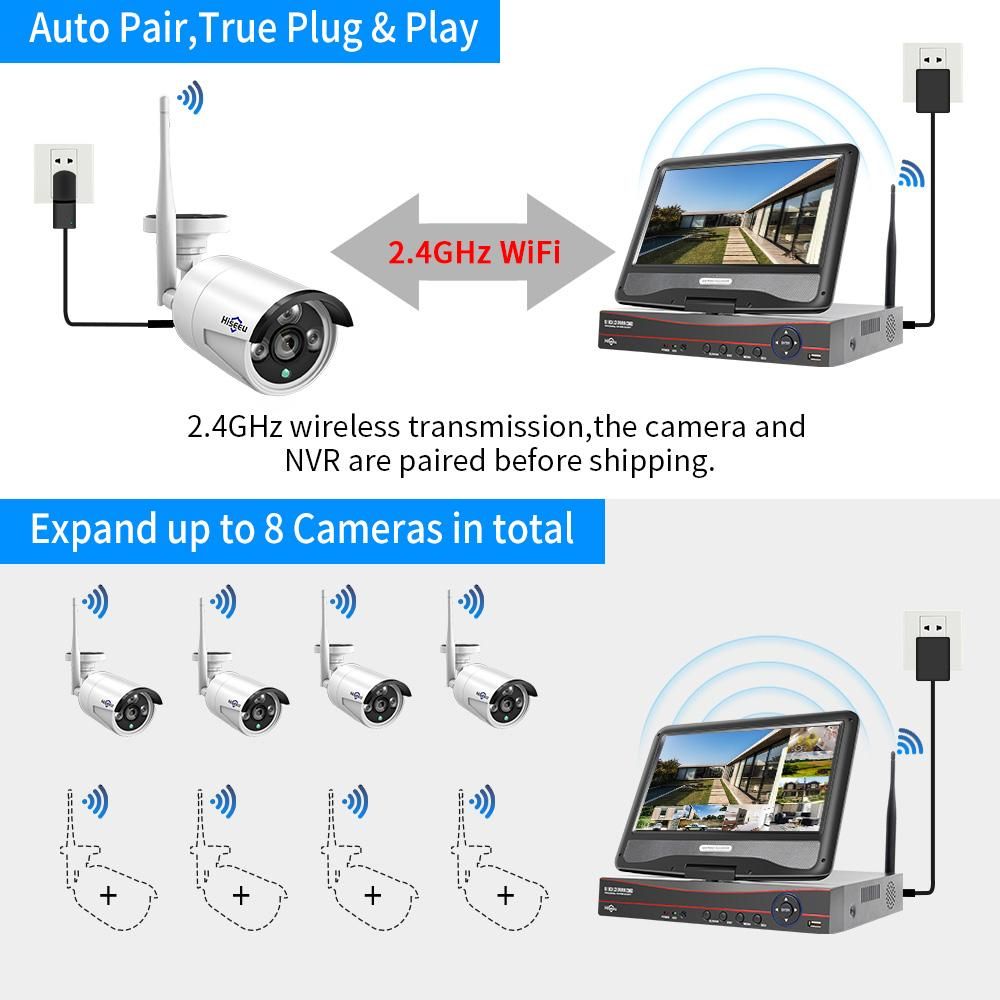 3MP Wireless Security Camera System with 10inch Monitor,8 Channel Video NVR with 4pcs 3MP Outdoor Indoor Home Surveillance IP Camera support Night Vision Motion Detection Remote Access Built-in Microphone,NO Hard Drive