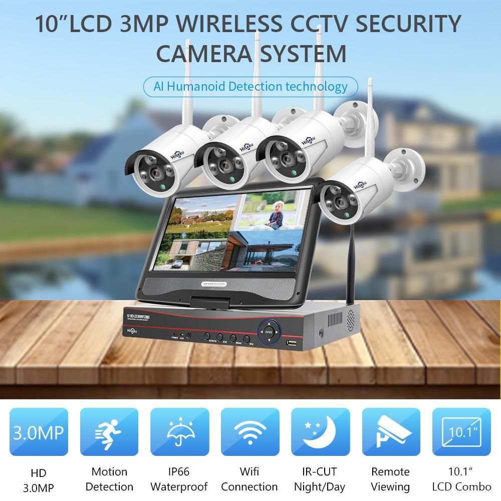3MP Wireless Security Camera System with 10inch Monitor,8 Channel Video NVR with 4pcs 3MP Outdoor Indoor Home Surveillance IP Camera support Night Vision Motion Detection Remote Access Built-in Microphone,NO Hard Drive